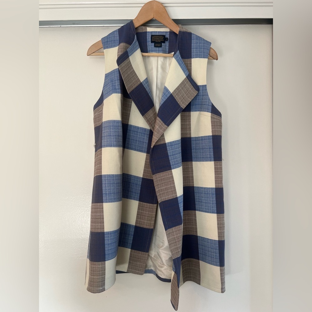 Pendleton Virgin Wool Buffalo Check Plaid Gingham Longline Vest Quiet Luxury